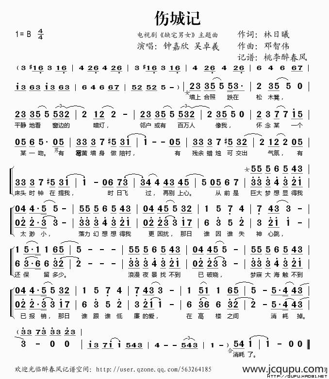 伤城记（电视剧《缺宅男女》主题曲）简谱