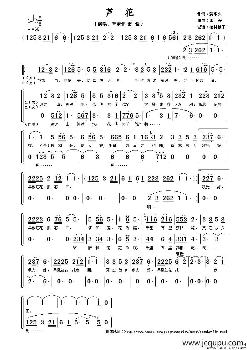 芦花（王宏伟雷佳演唱版）简谱