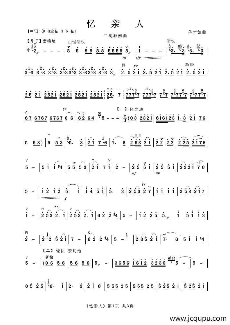 忆亲人（二胡独奏曲）简谱