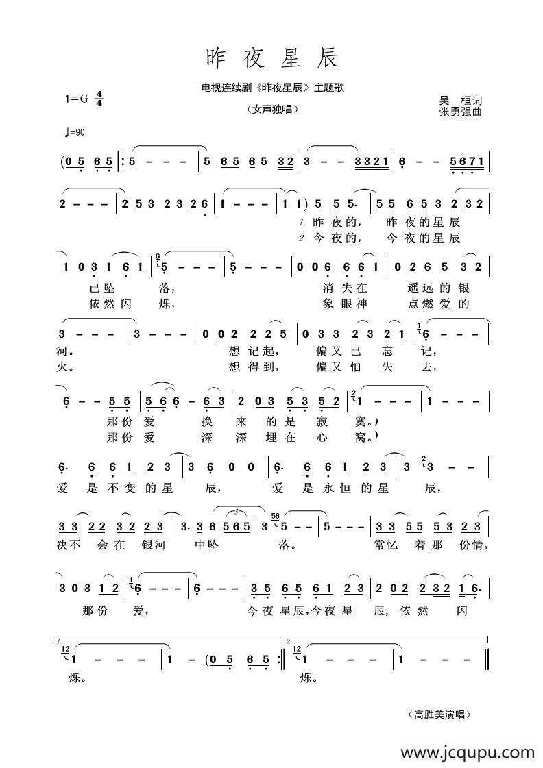 昨夜星辰（吴桓词 张勇强曲）简谱