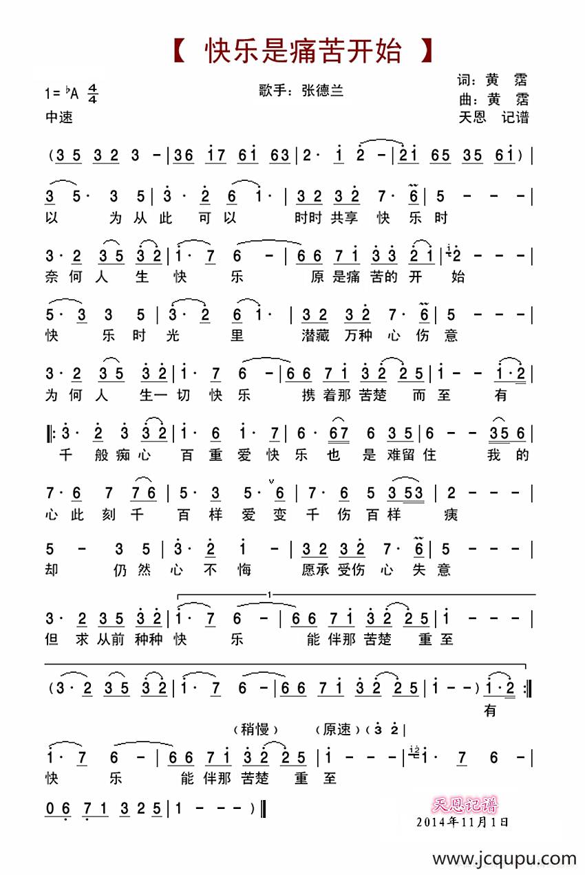 快乐是痛苦开始（张德兰演唱）简谱