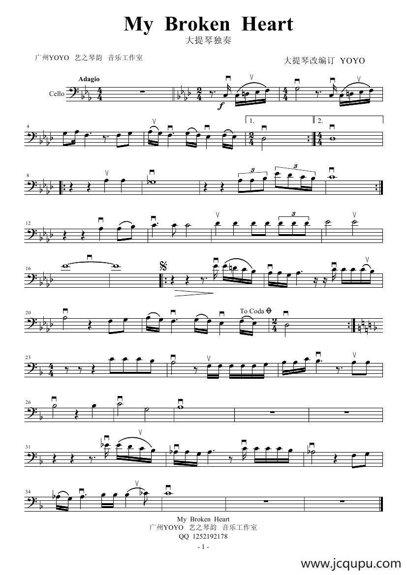 My broken heart（大提琴谱）简谱