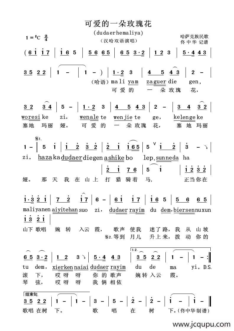 可爱的一朵玫瑰花（汉哈双语演唱）简谱