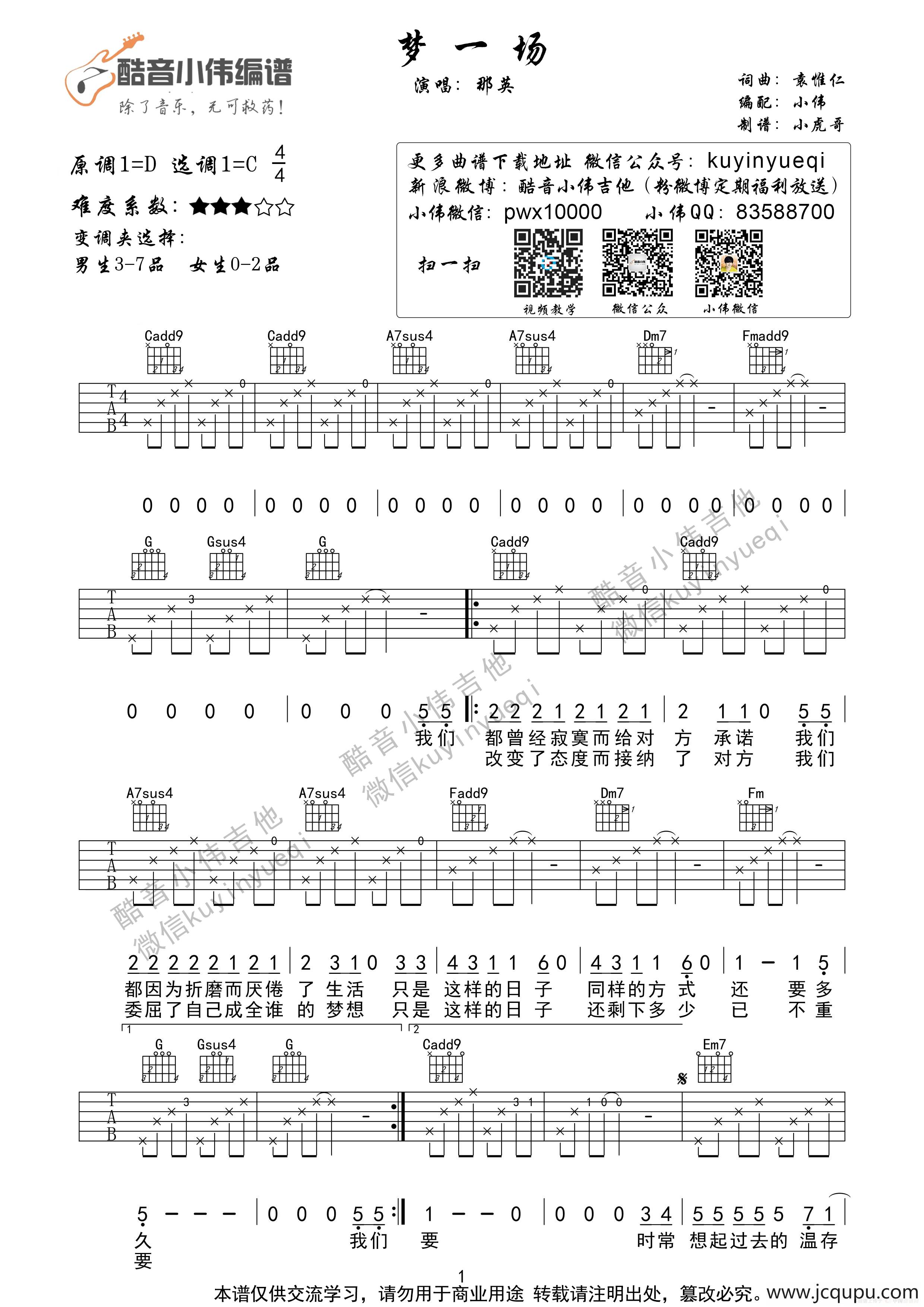 梦一场（那英酷音小伟编谱）简谱