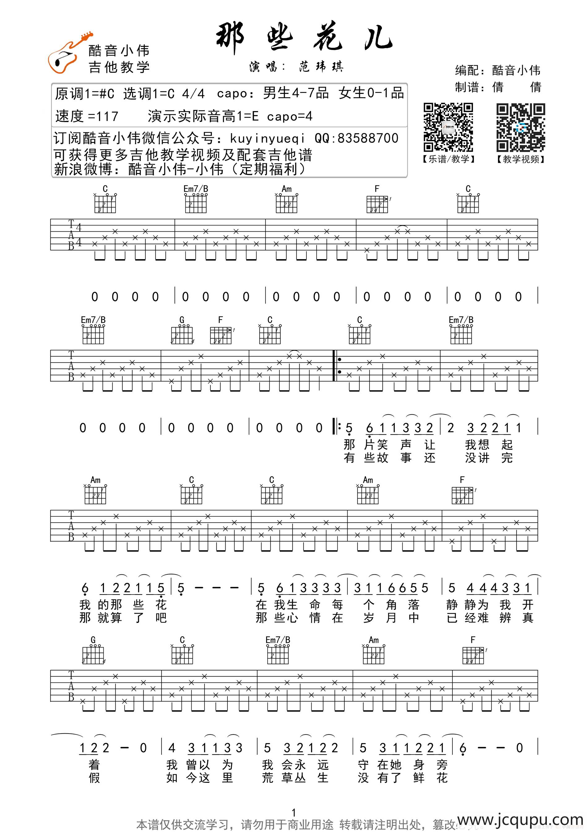 那些花儿（范玮琪版、酷音小伟编谱）简谱
