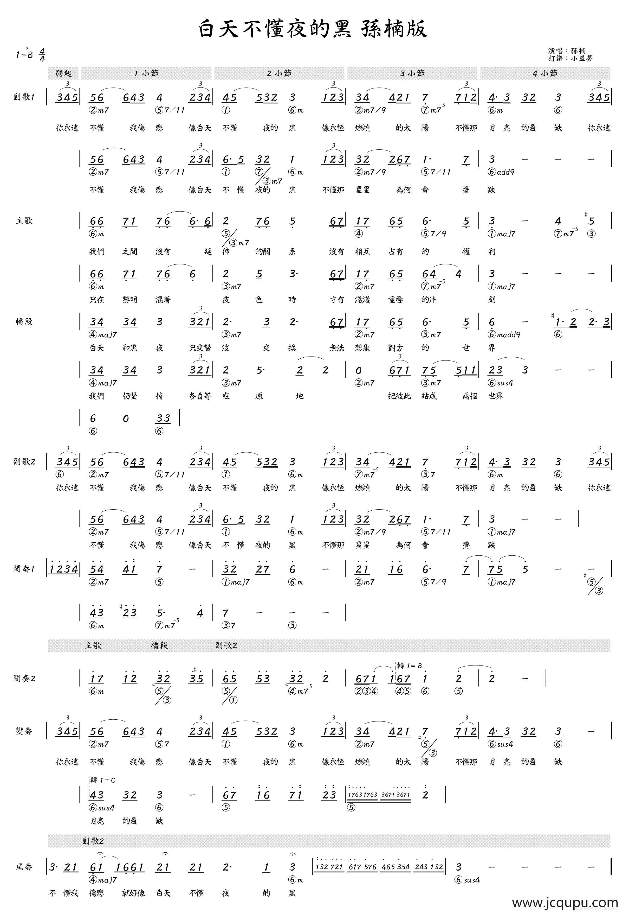 白天不懂夜的黑（简和谱）简谱