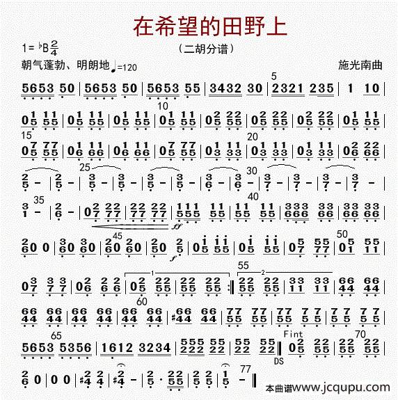 在希望的田野上（二胡分谱）简谱