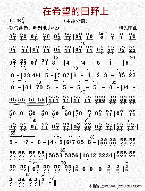 在希望的田野上（中胡分谱）简谱