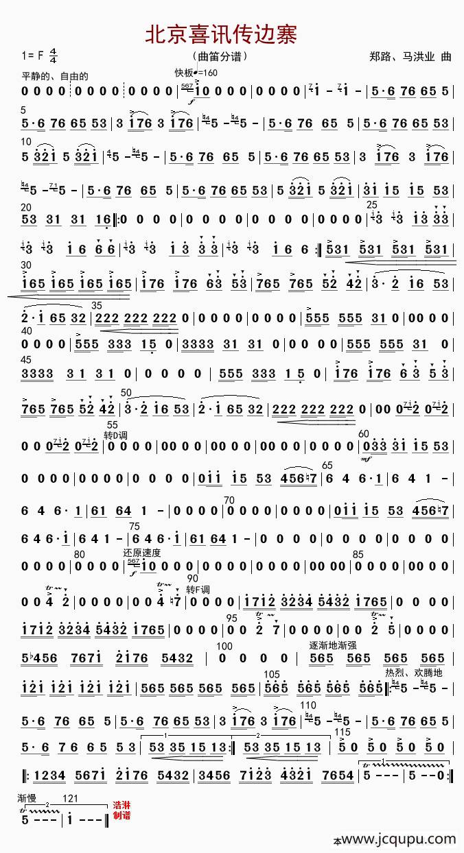 北京喜讯到边寨（曲笛分谱）简谱