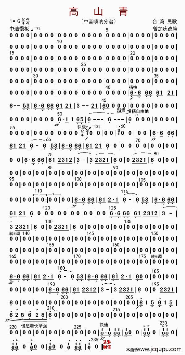 高山青（中音唢呐分谱）简谱