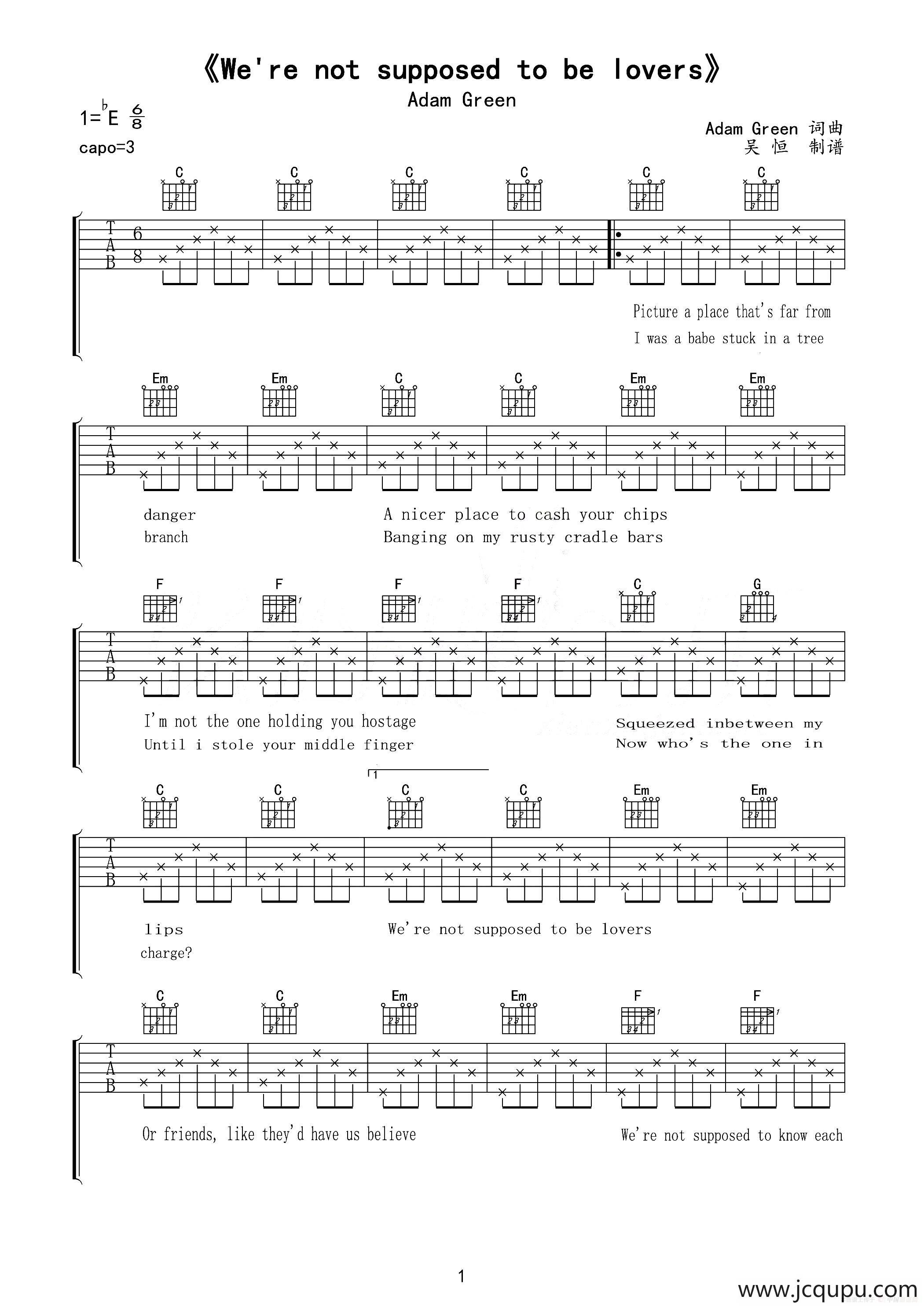 We are not supposed to be lovers （吉他六线谱）简谱