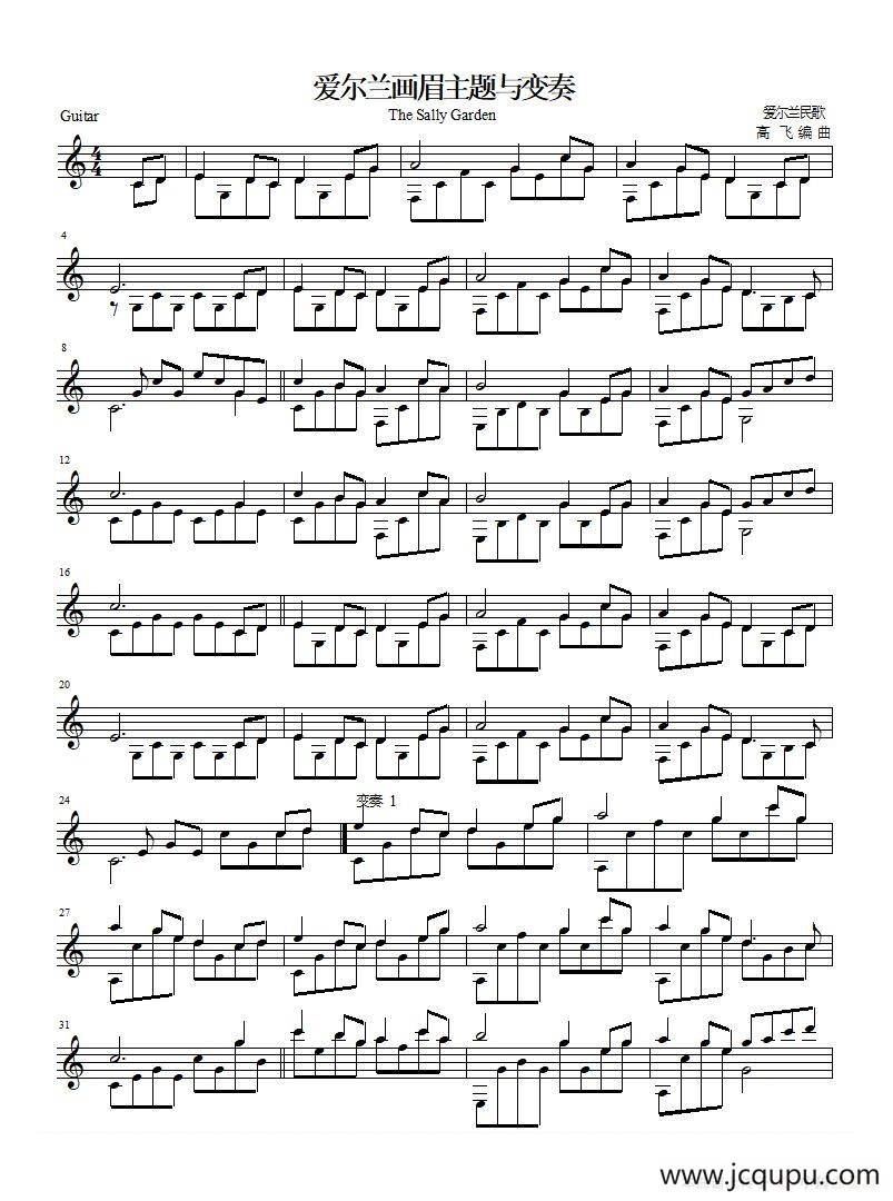 爱尔兰画眉（莎莉花园）（吉他独奏、五线谱）简谱