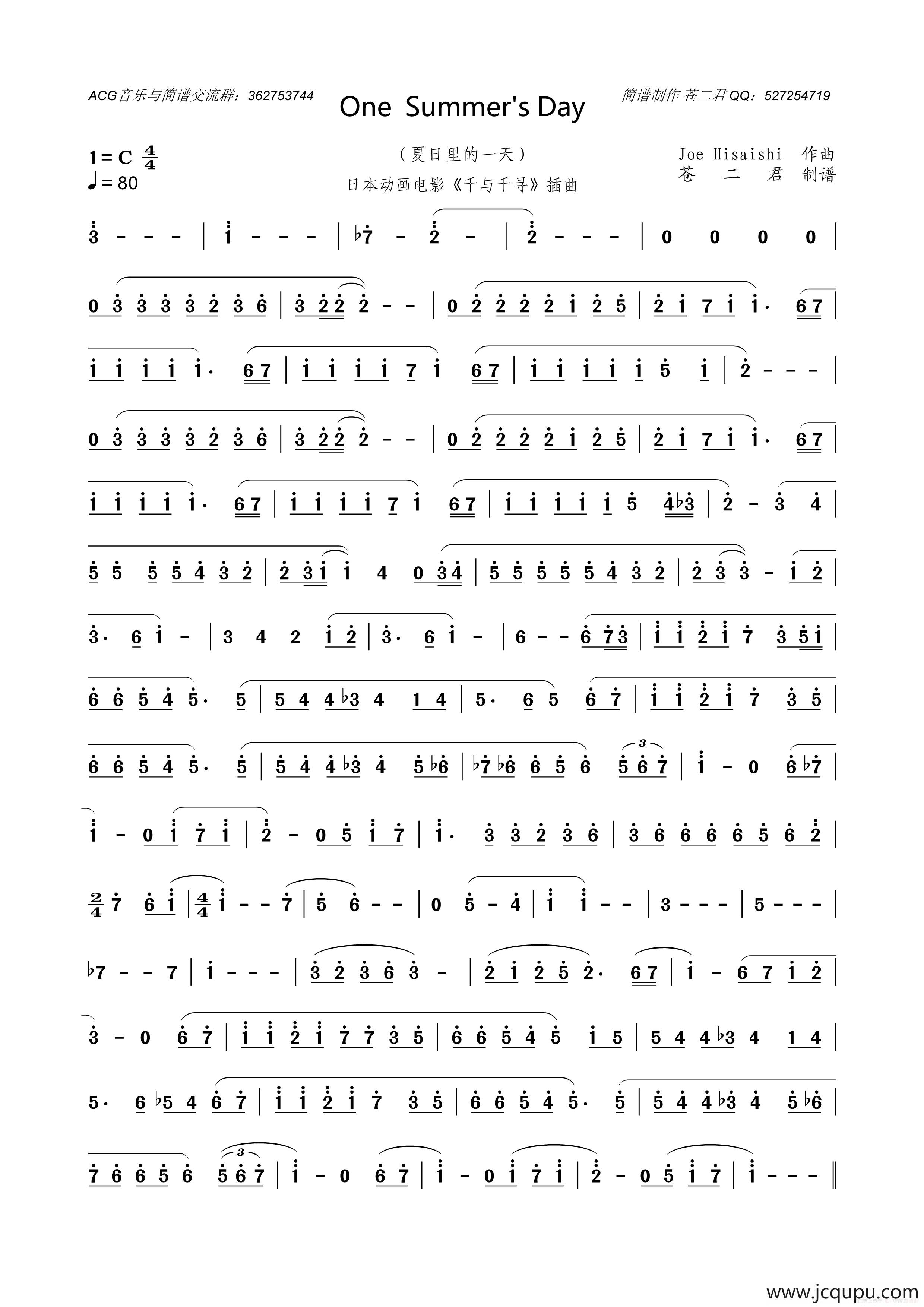 OneSummer'sday（日本动画电影《千与千寻》插曲旋律谱）简谱