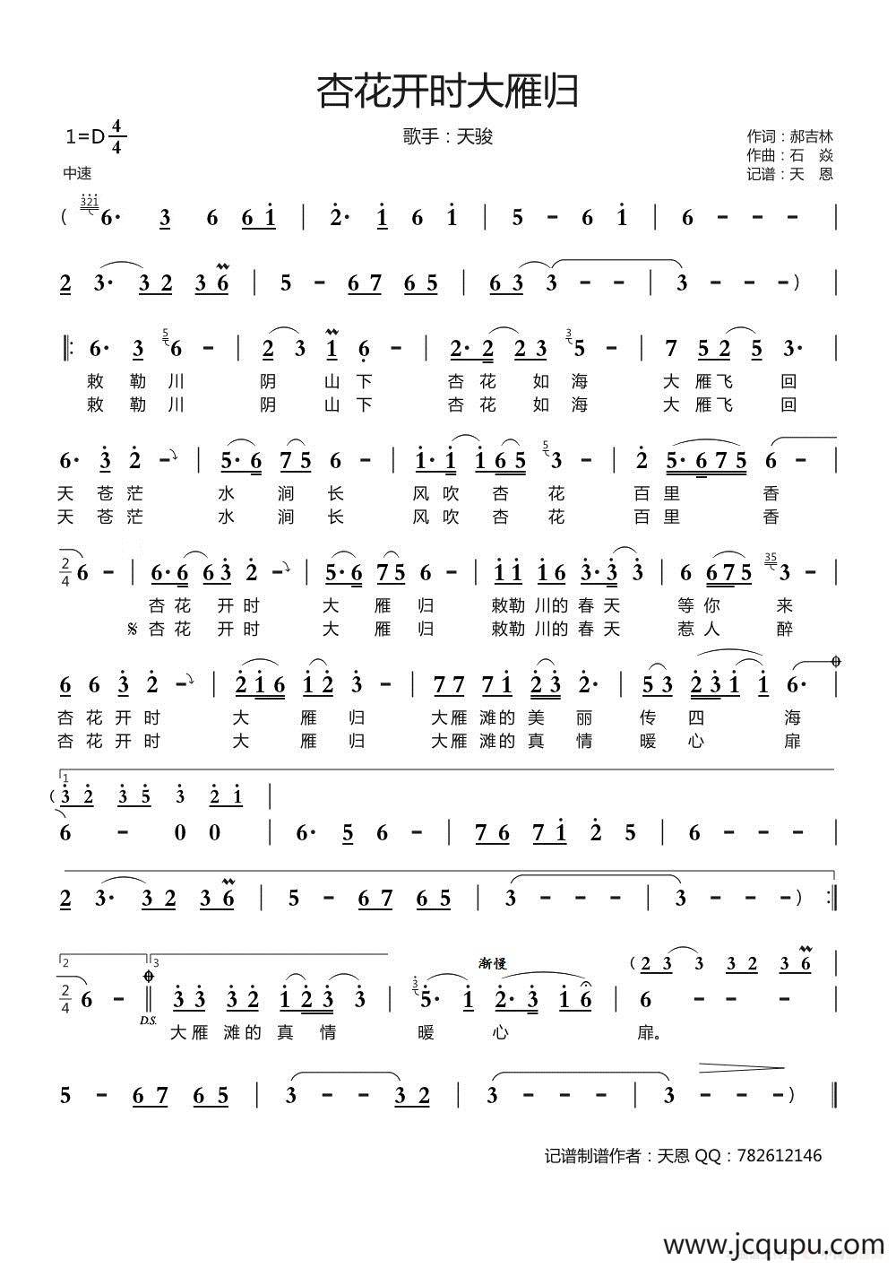 杏花开时大雁归简谱