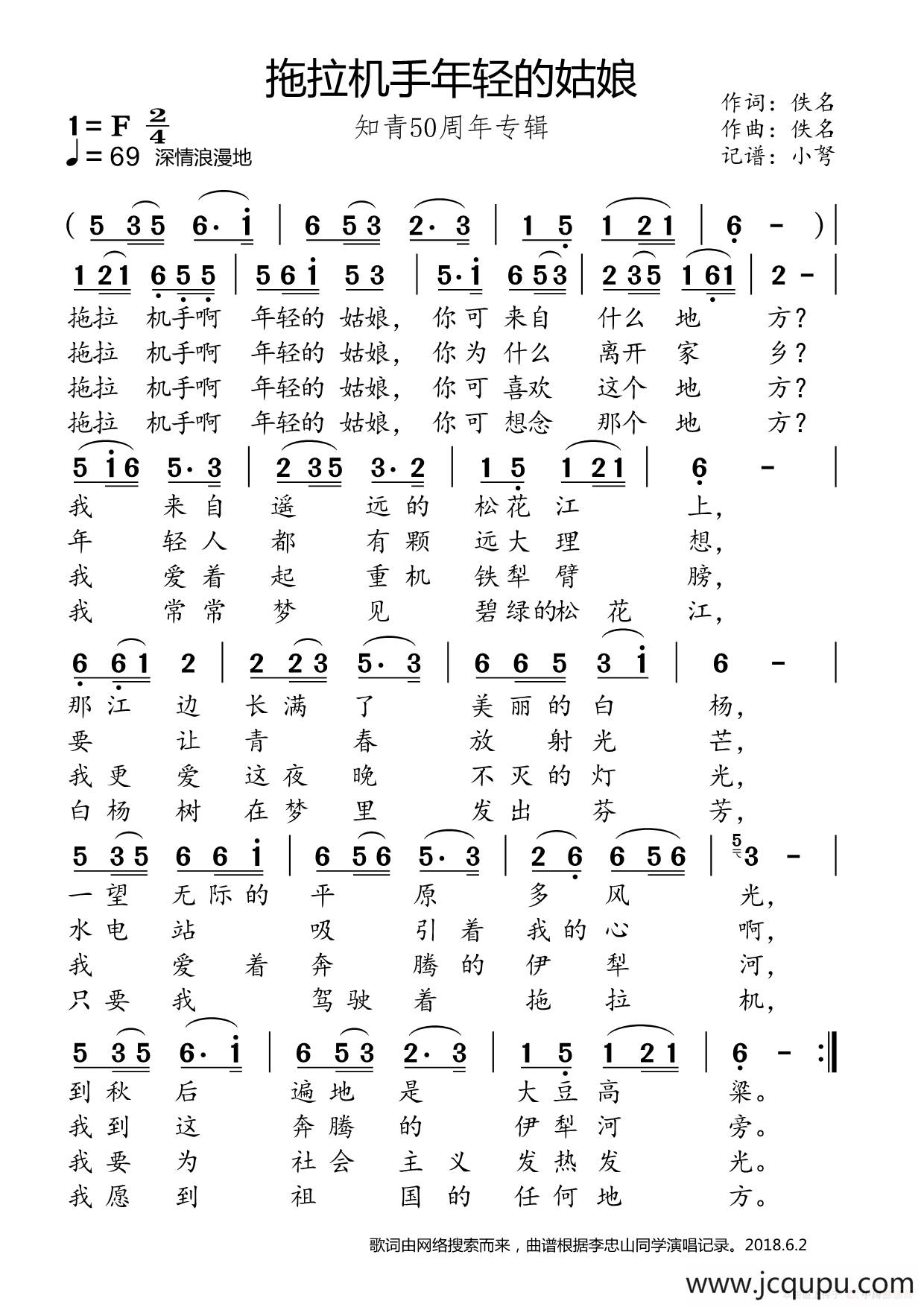 拖拉机手年轻的姑娘（知青50周年专辑）简谱