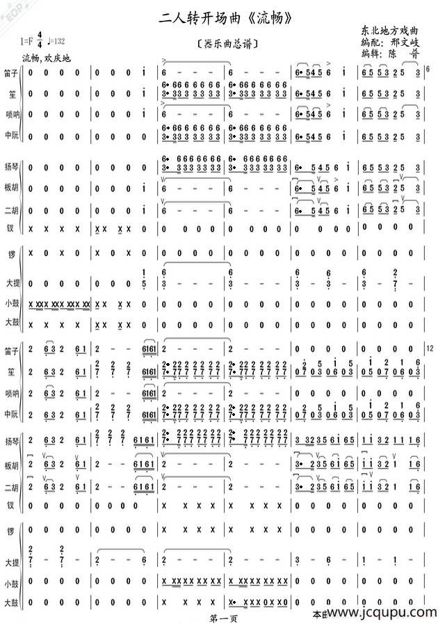 二人转开场曲《流畅》（器乐曲总谱.第一页）简谱