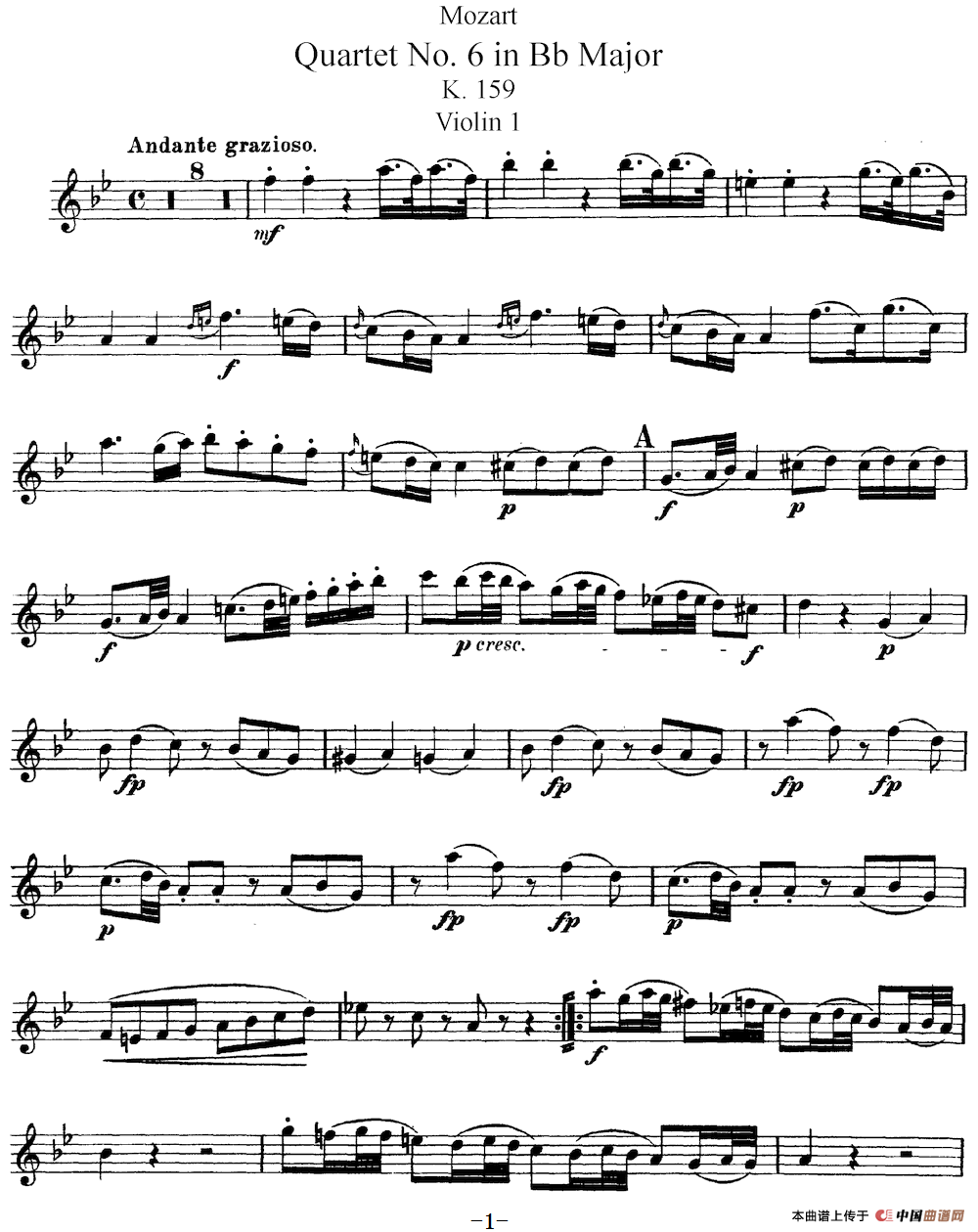 Mozart《Quartet No.6 in Bb Major,K.159》（Violin 1分谱）简谱
