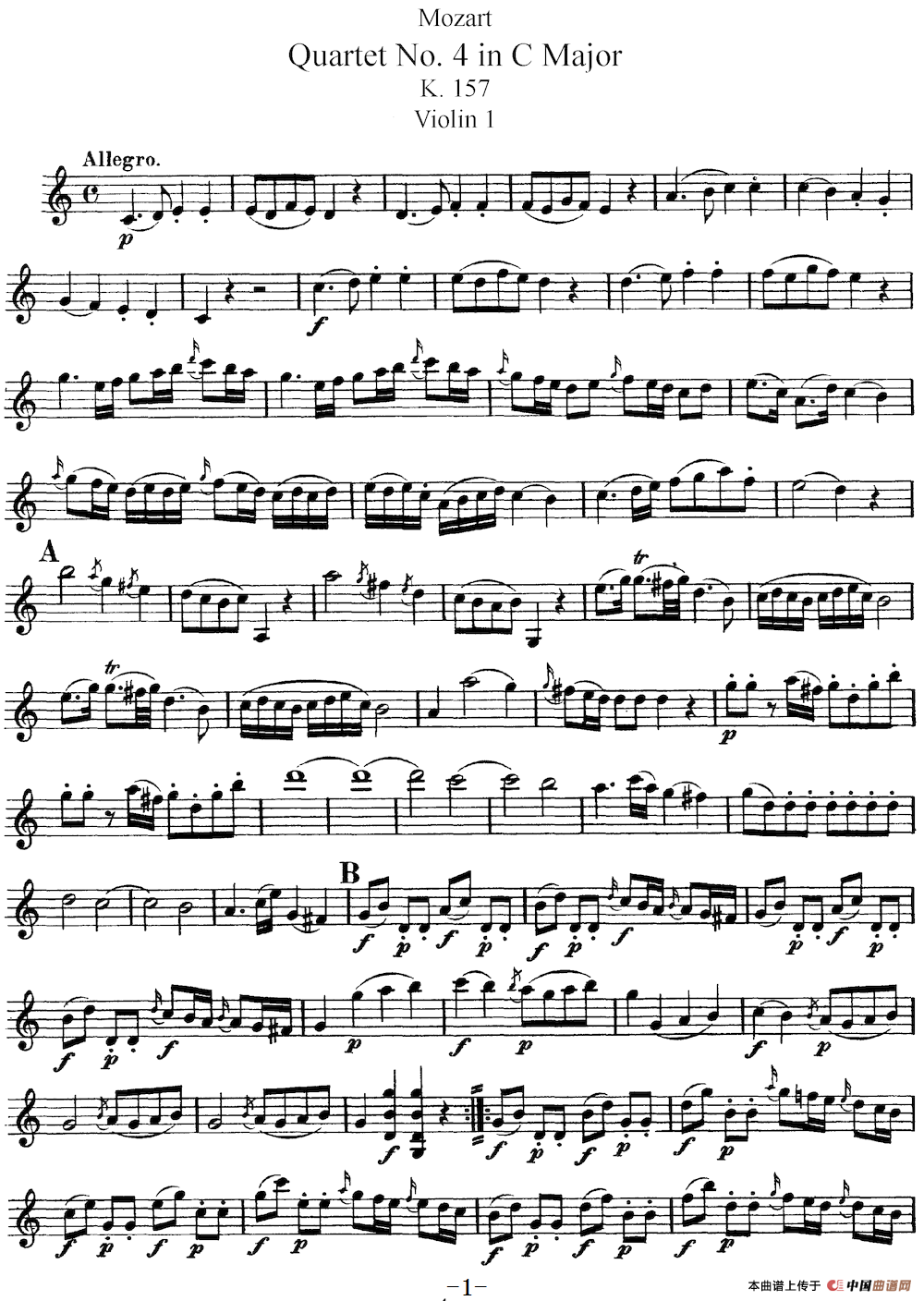 Mozart《Quartet No.4 in C Major,K.157》（Violin 1分谱）简谱