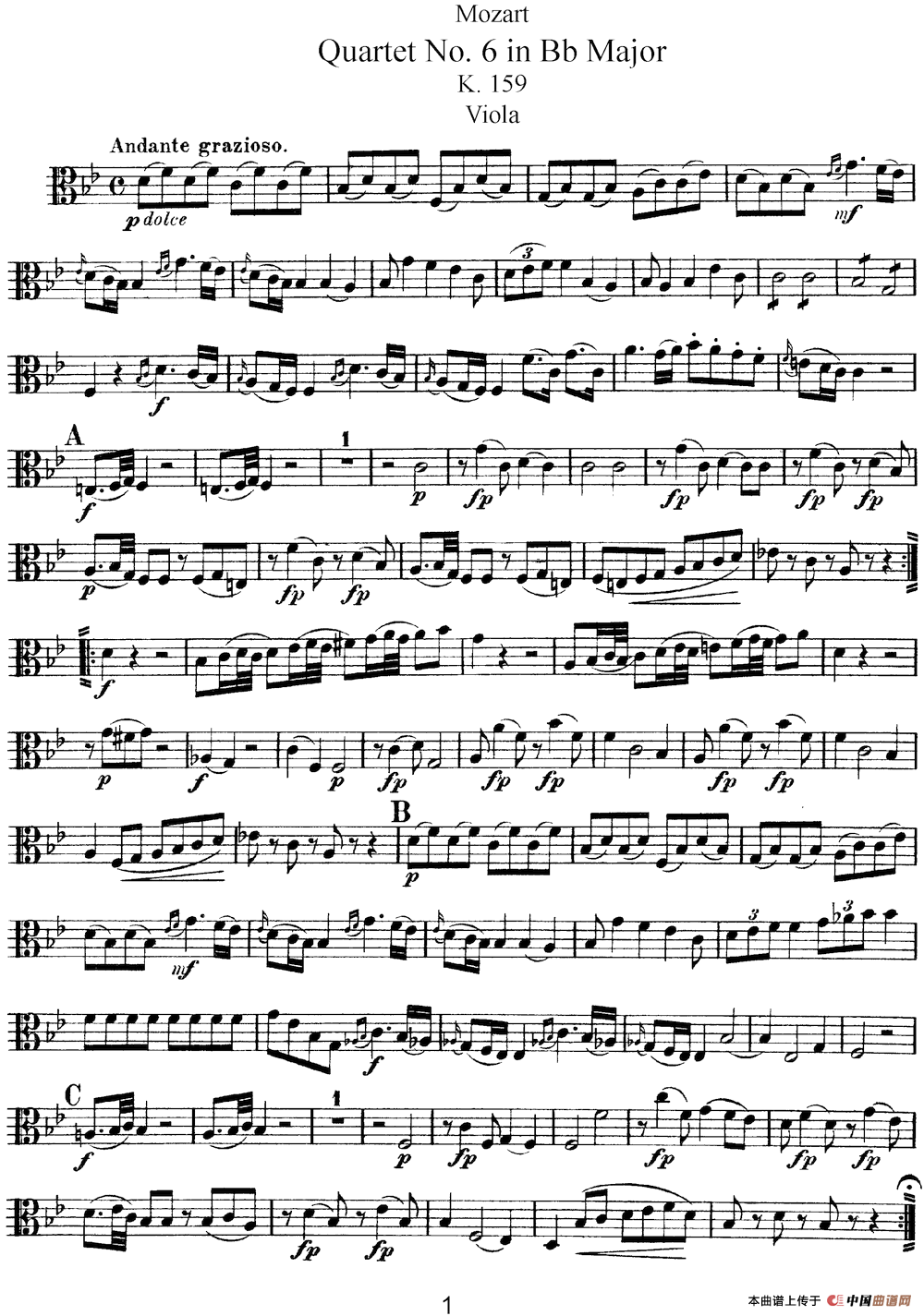 Mozart《Quartet No.6 in Bb Major,K.159》（Viola分谱）简谱