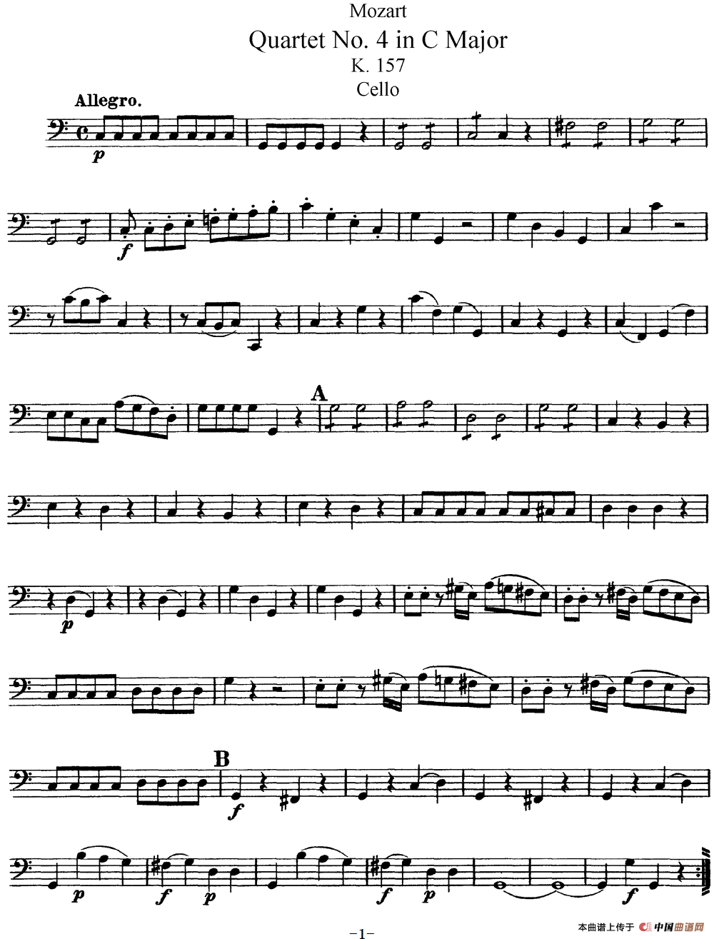 Mozart《Quartet No.4 in C Major,K.157》（Cello分谱）简谱