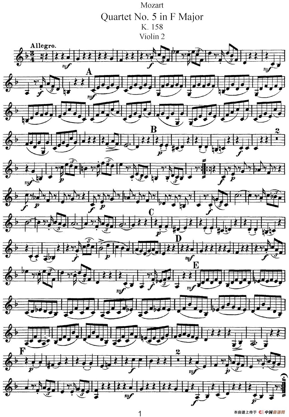 Mozart《Quartet No.5 in F Major,K.158》（Violin 2分谱）简谱