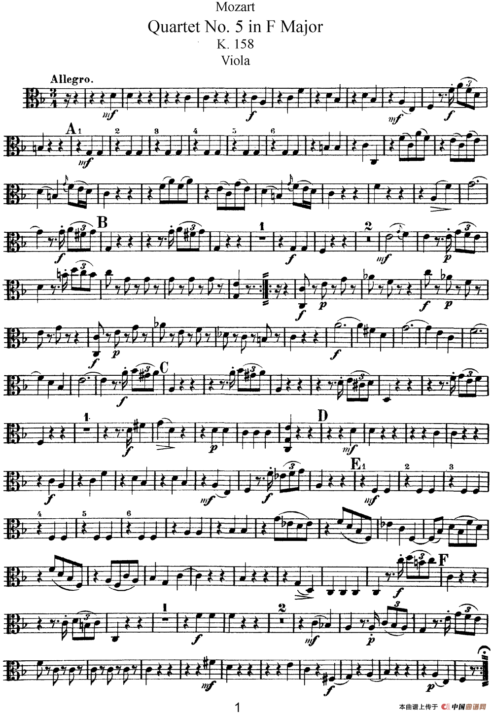 Mozart《Quartet No.5 in F Major,K.158》（Viola分谱）简谱