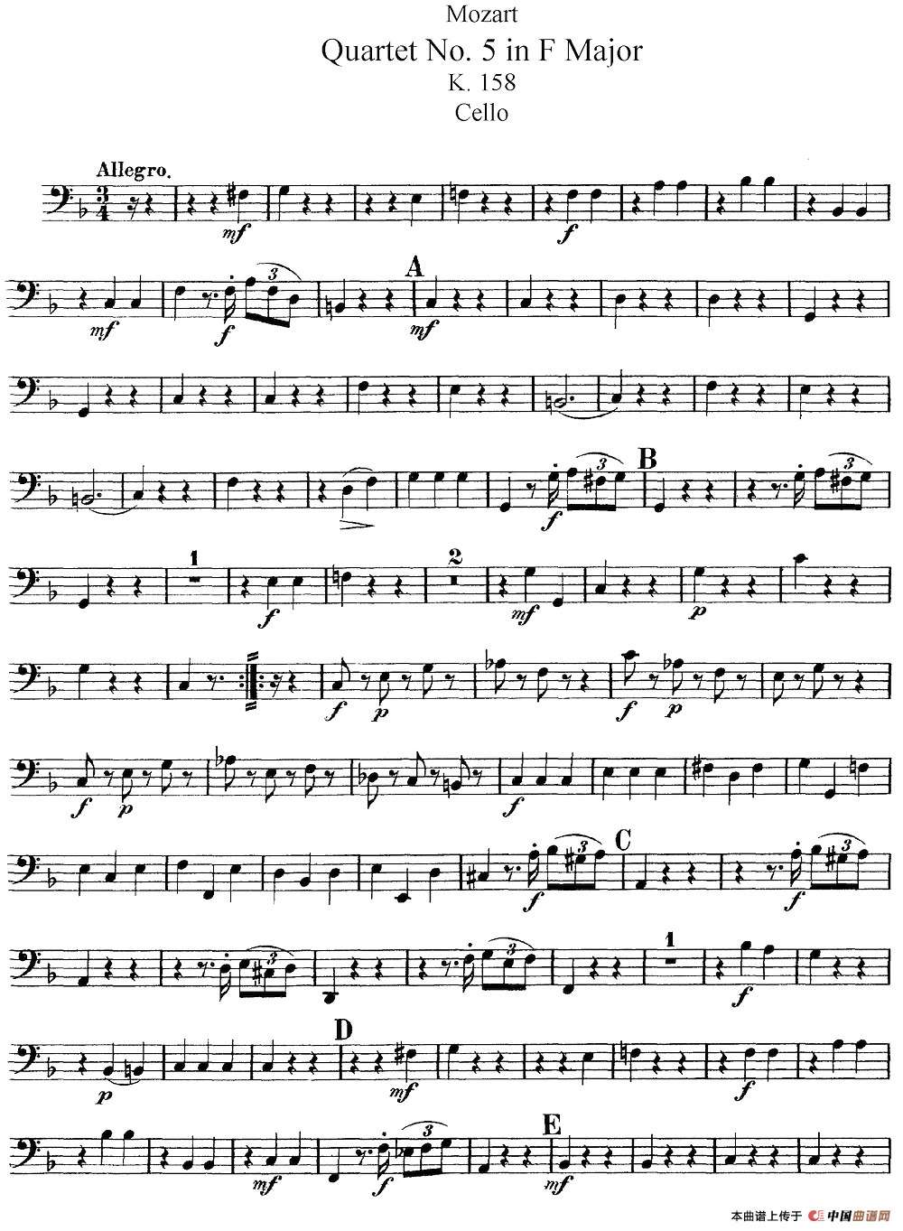 Mozart《Quartet No.5 in F Major,K.158》（Cello分谱）简谱