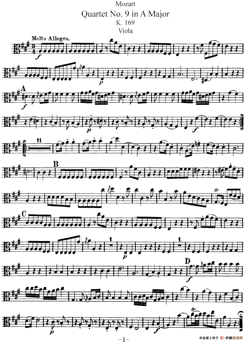 Mozart《Quartet No.9 in A Major,K.169》（Viola分谱）简谱