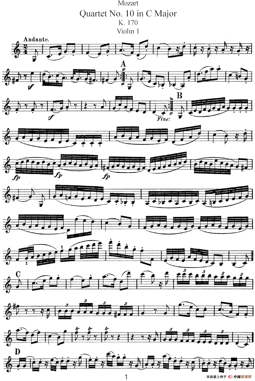 Mozart《Quartet No.10 in C Major,K.170》（Violin 1分谱）简谱