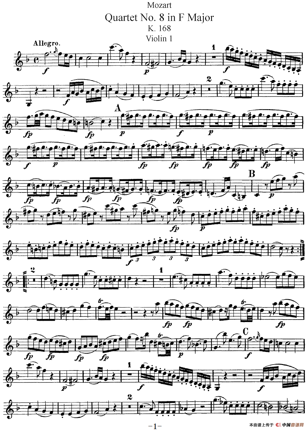 Mozart《Quartet No.8 in F Major,K.168》（Violin 1分谱）简谱