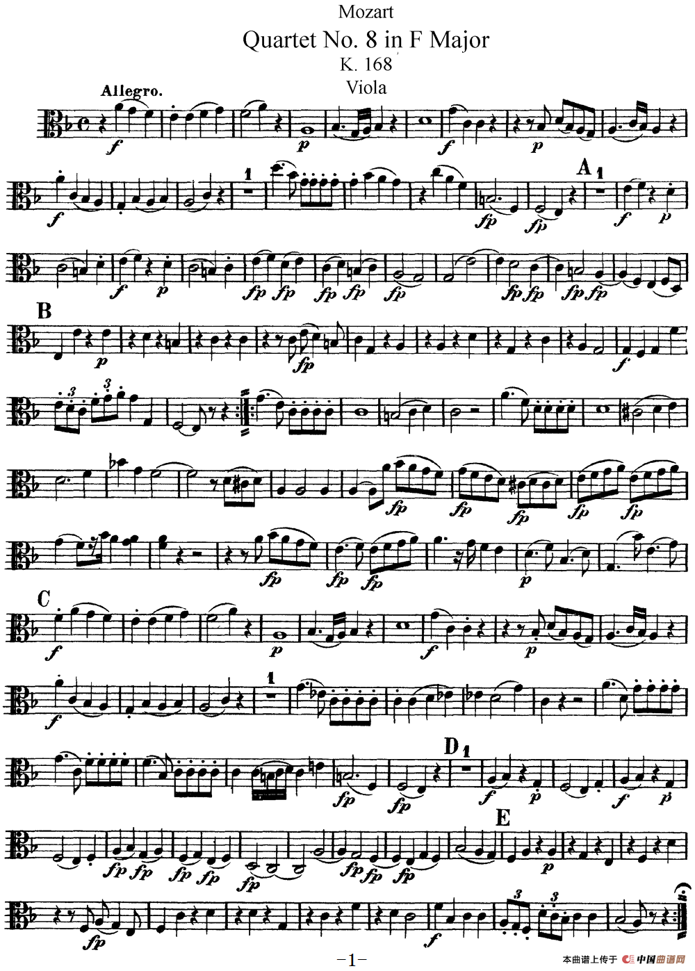 Mozart《Quartet No.8 in F Major,K.168》（Viola分谱）简谱