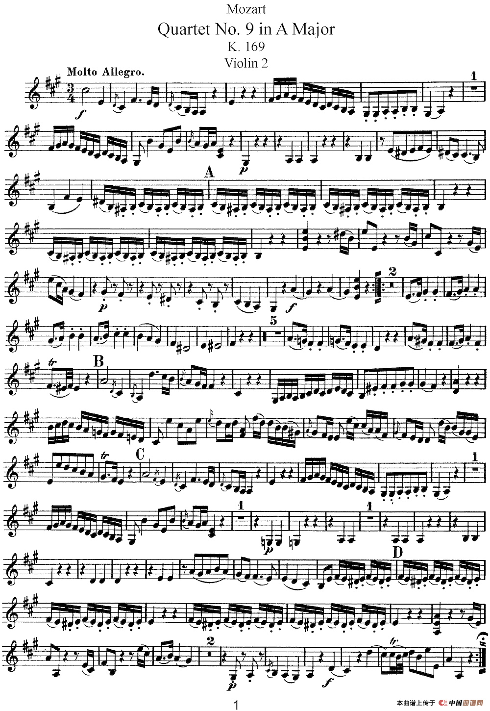 Mozart《Quartet No.9 in A Major,K.169》（Violin 2分谱）简谱