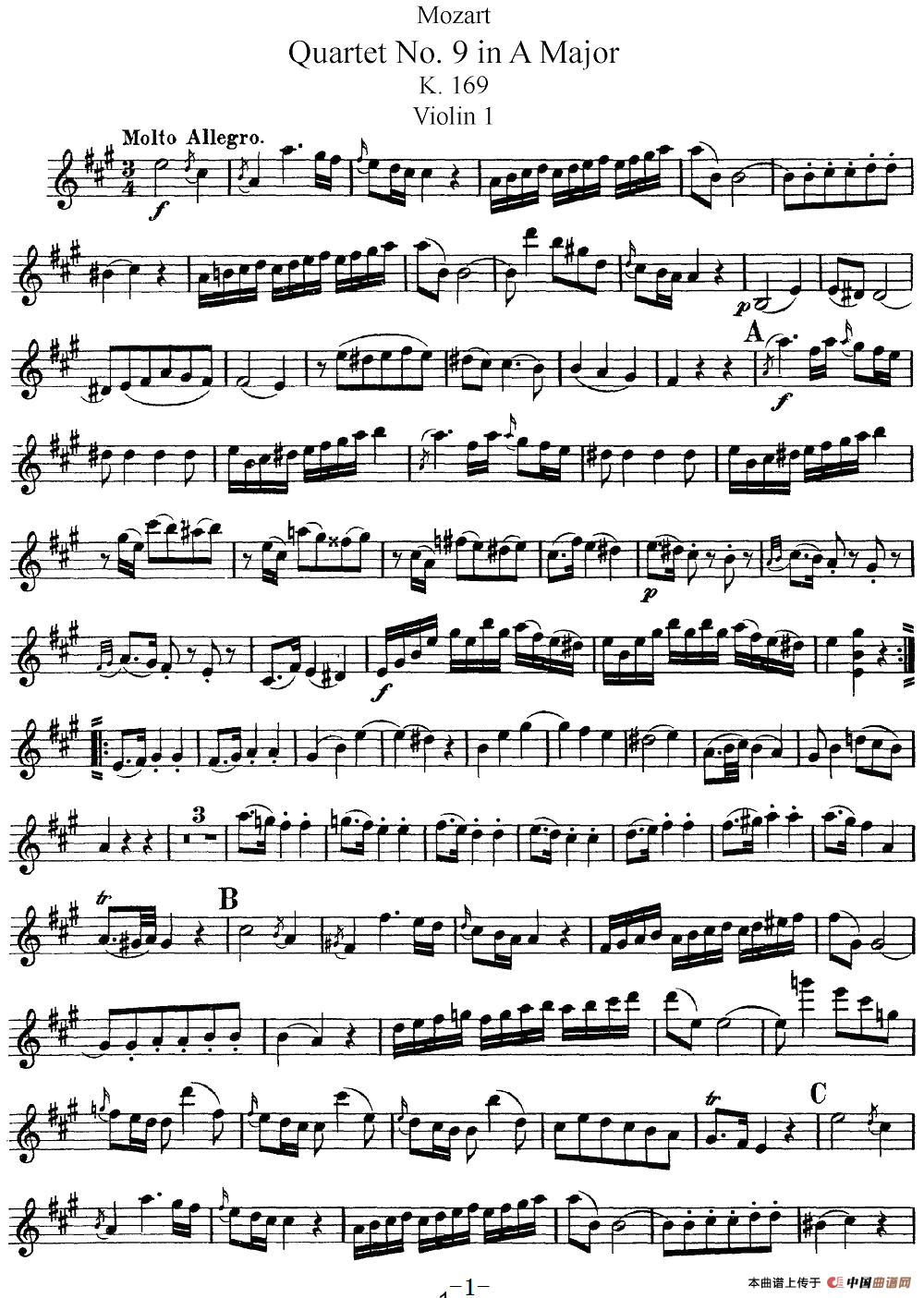 Mozart《Quartet No.9 in A Major,K.169》（Violin 1分谱）简谱
