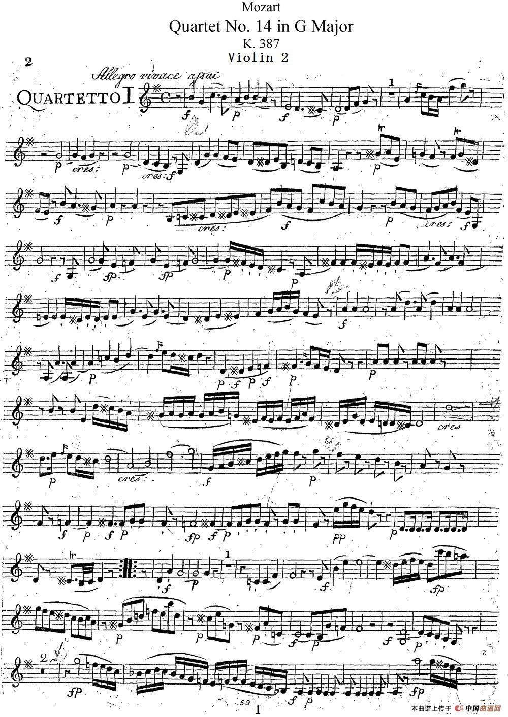 Mozart《Quartet No.14 in G Major,K.387》（Violin 2分谱）简谱