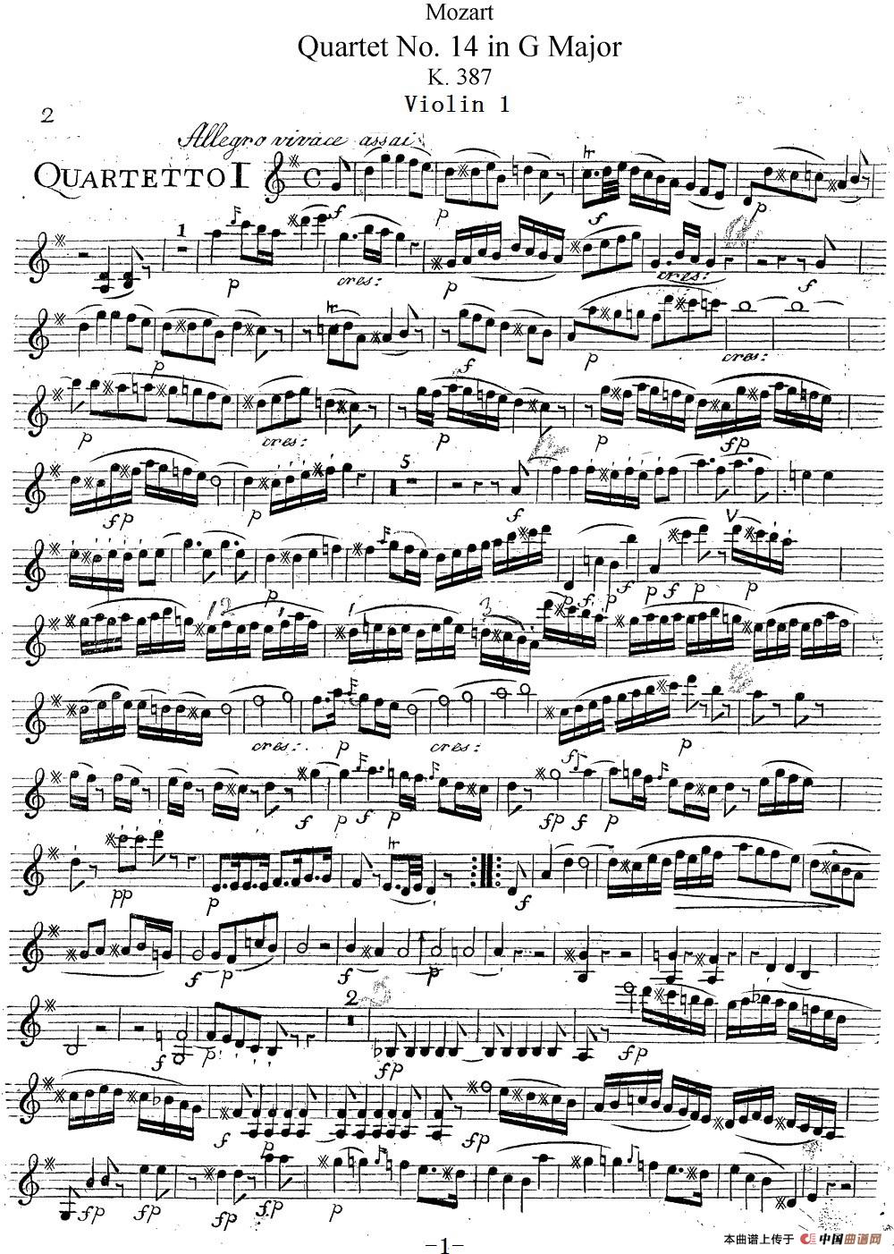Mozart《Quartet No.14 in G Major,K.387》（Violin 1分谱）简谱