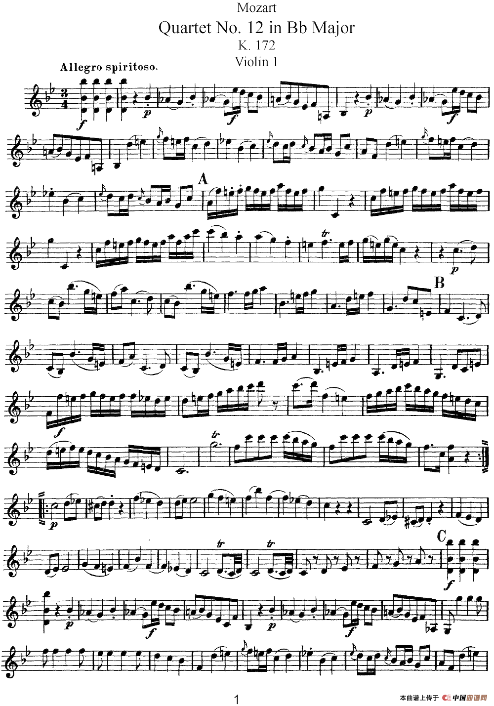Mozart《Quartet No.12 in Bb Major,K.172》（Violin 1分谱）简谱
