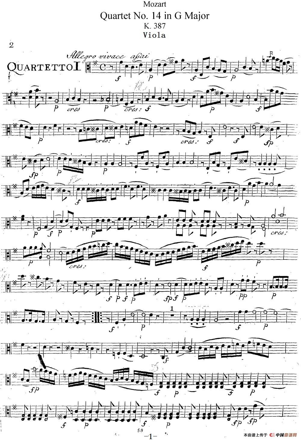Mozart《Quartet No.14 in G Major,K.387》（Viola分谱）简谱