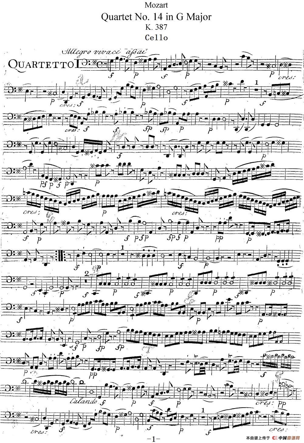 Mozart《Quartet No.14 in G Major,K.387》（Cello分谱）简谱