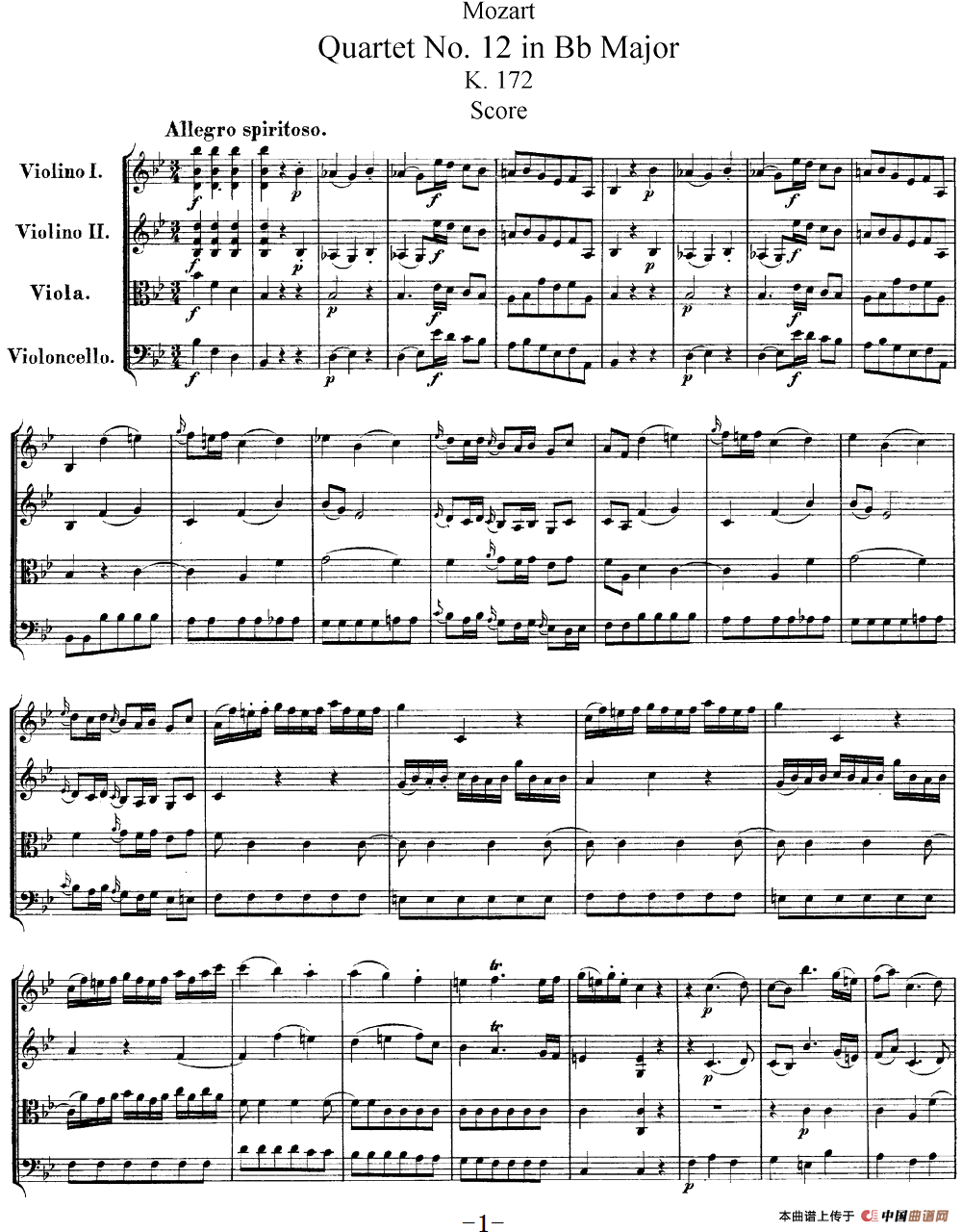 Mozart《Quartet No.12 in Bb Major,K.172》（总谱）简谱