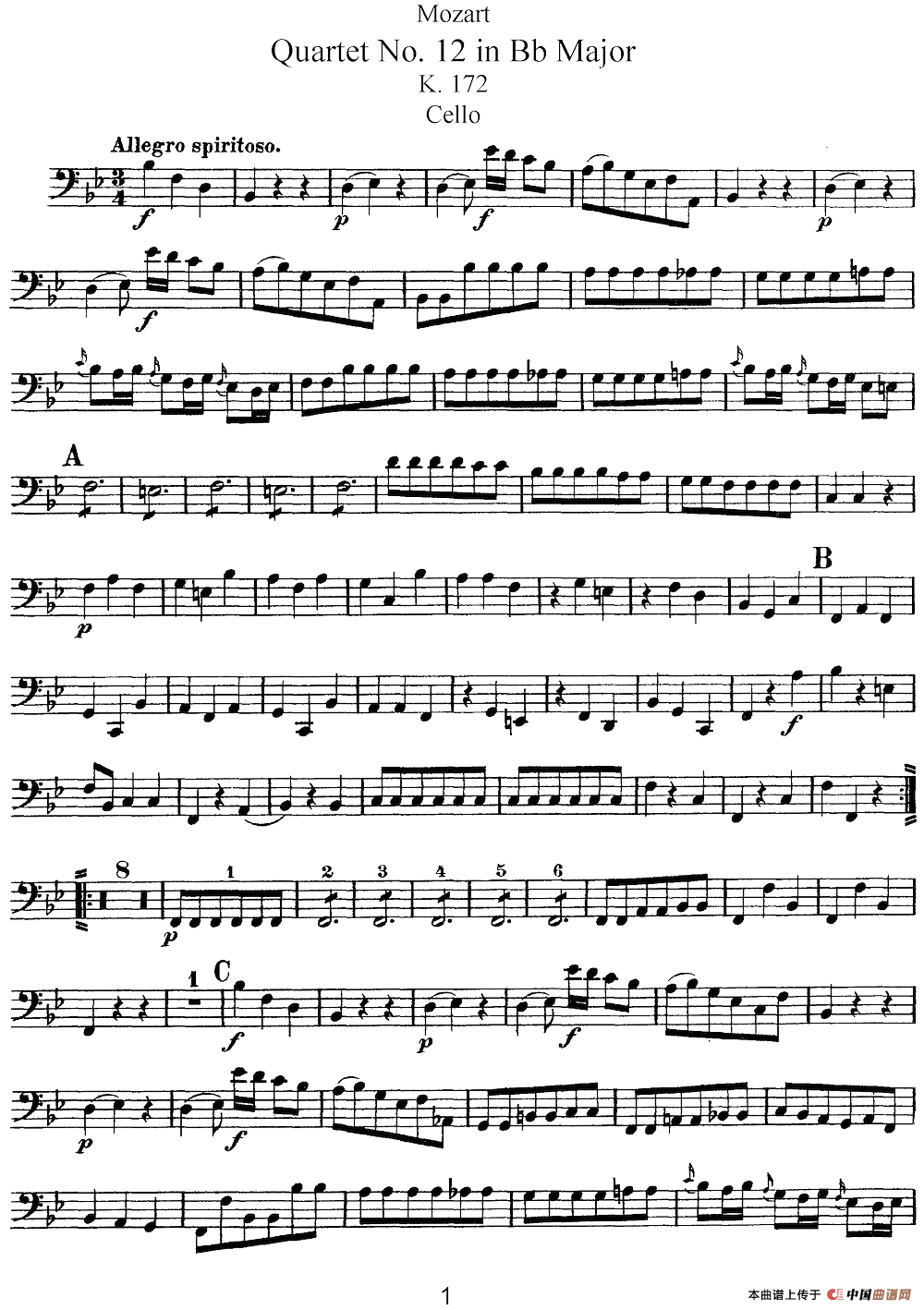 Mozart《Quartet No.12 in Bb Major,K.172》（Cello分谱）简谱
