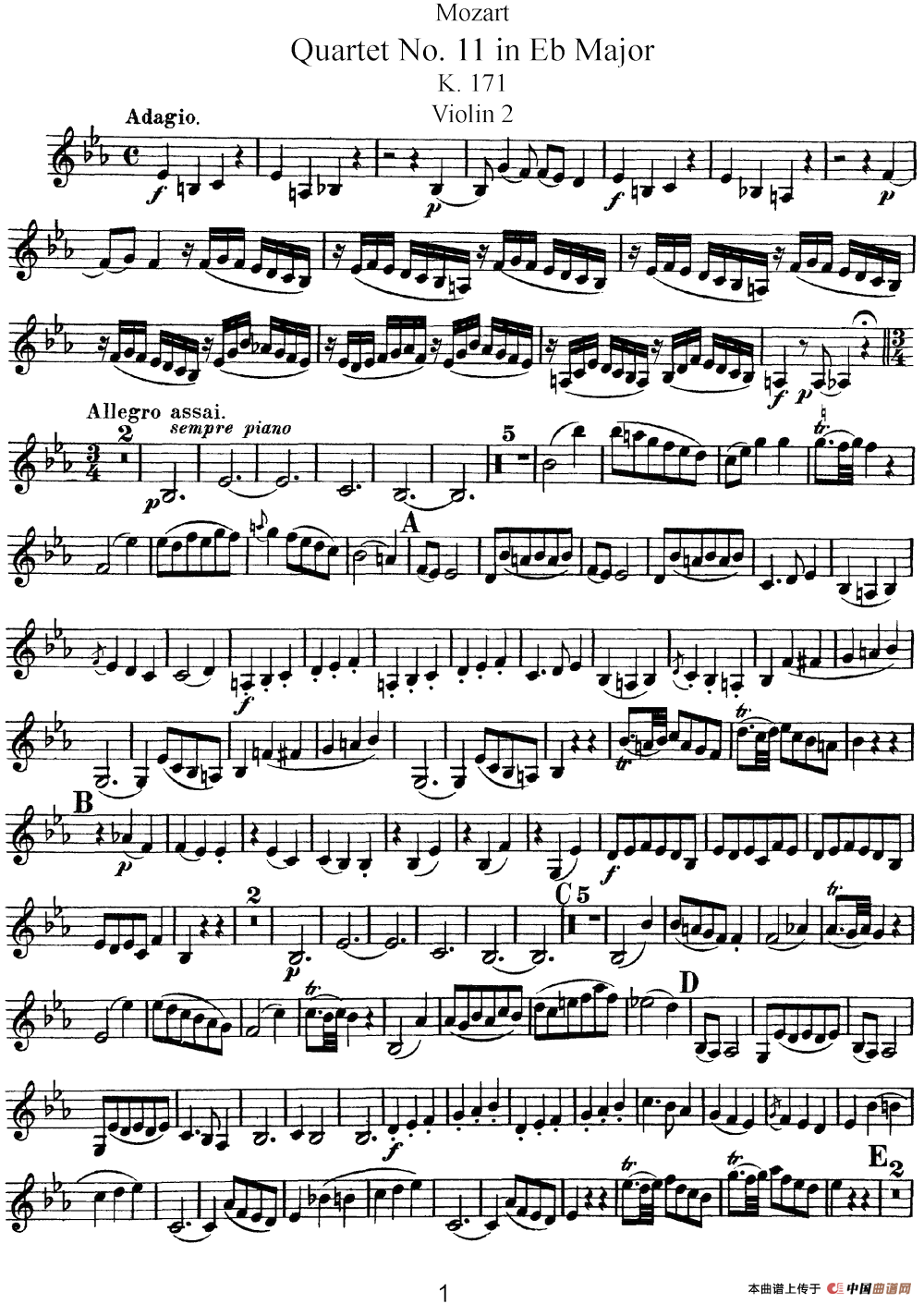Mozart《Quartet No.11 in Eb Major,K.171》（Violin 2分谱）简谱