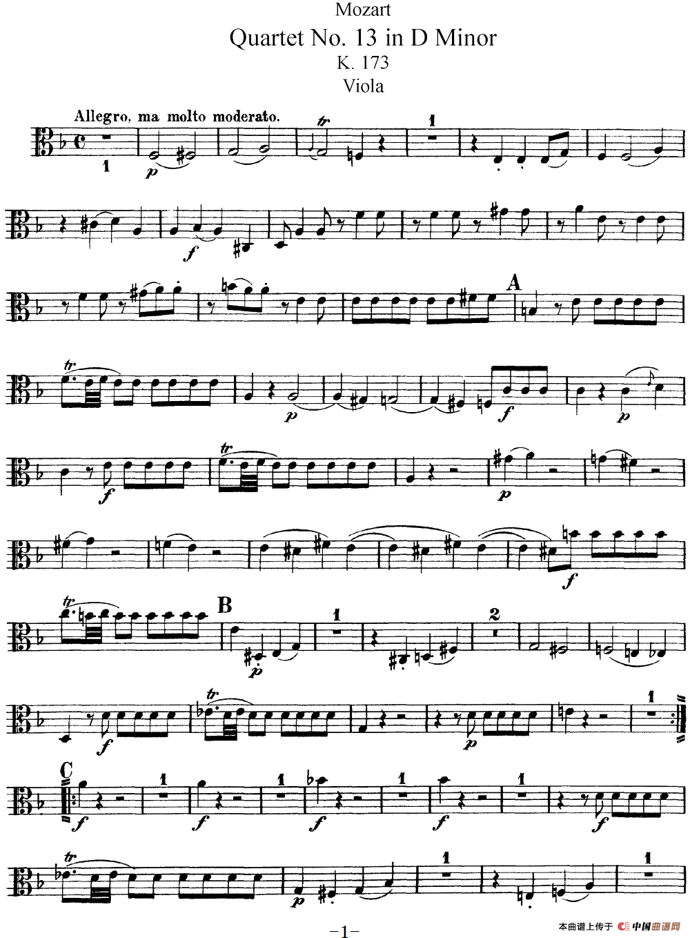 Mozart《Quartet No.13 in D Minor,K.173》（Viola分谱）简谱