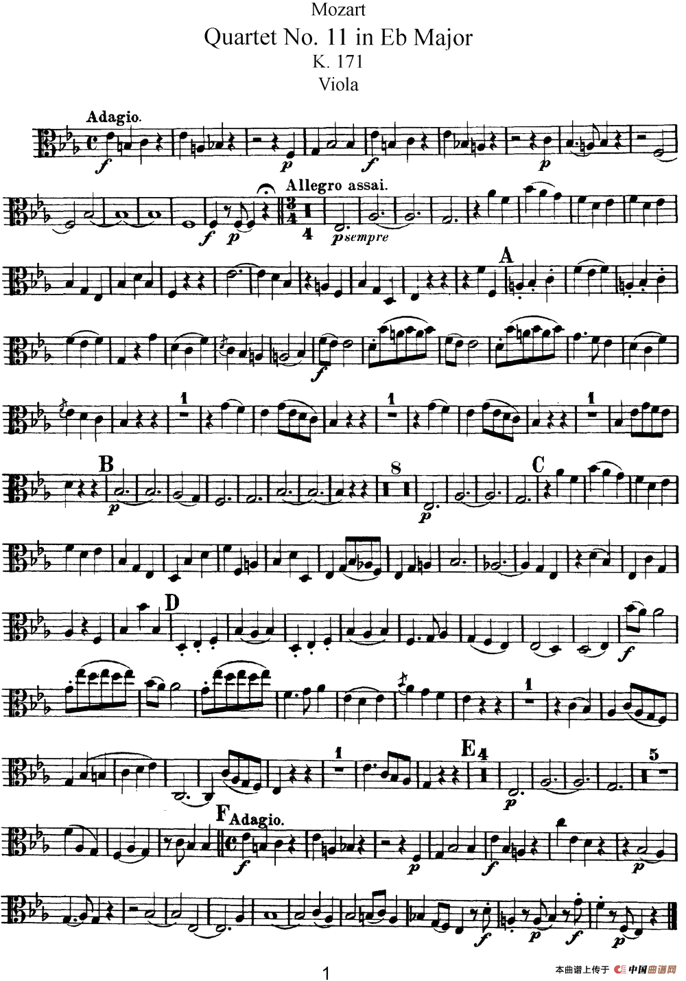 Mozart《Quartet No.11 in Eb Major,K.171》（Viola分谱）简谱