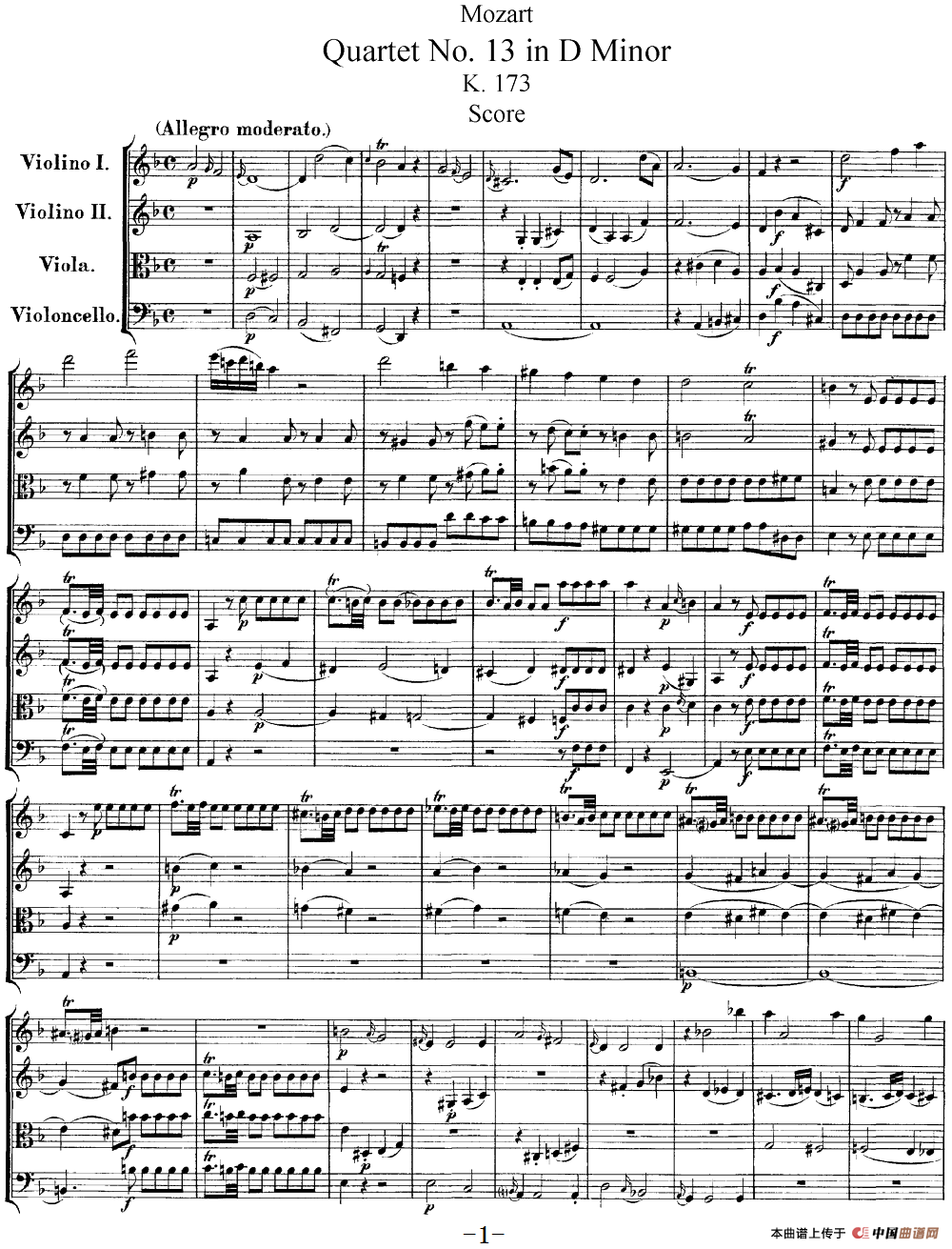 Mozart《Quartet No.13 in D Minor,K.173》（总谱）简谱