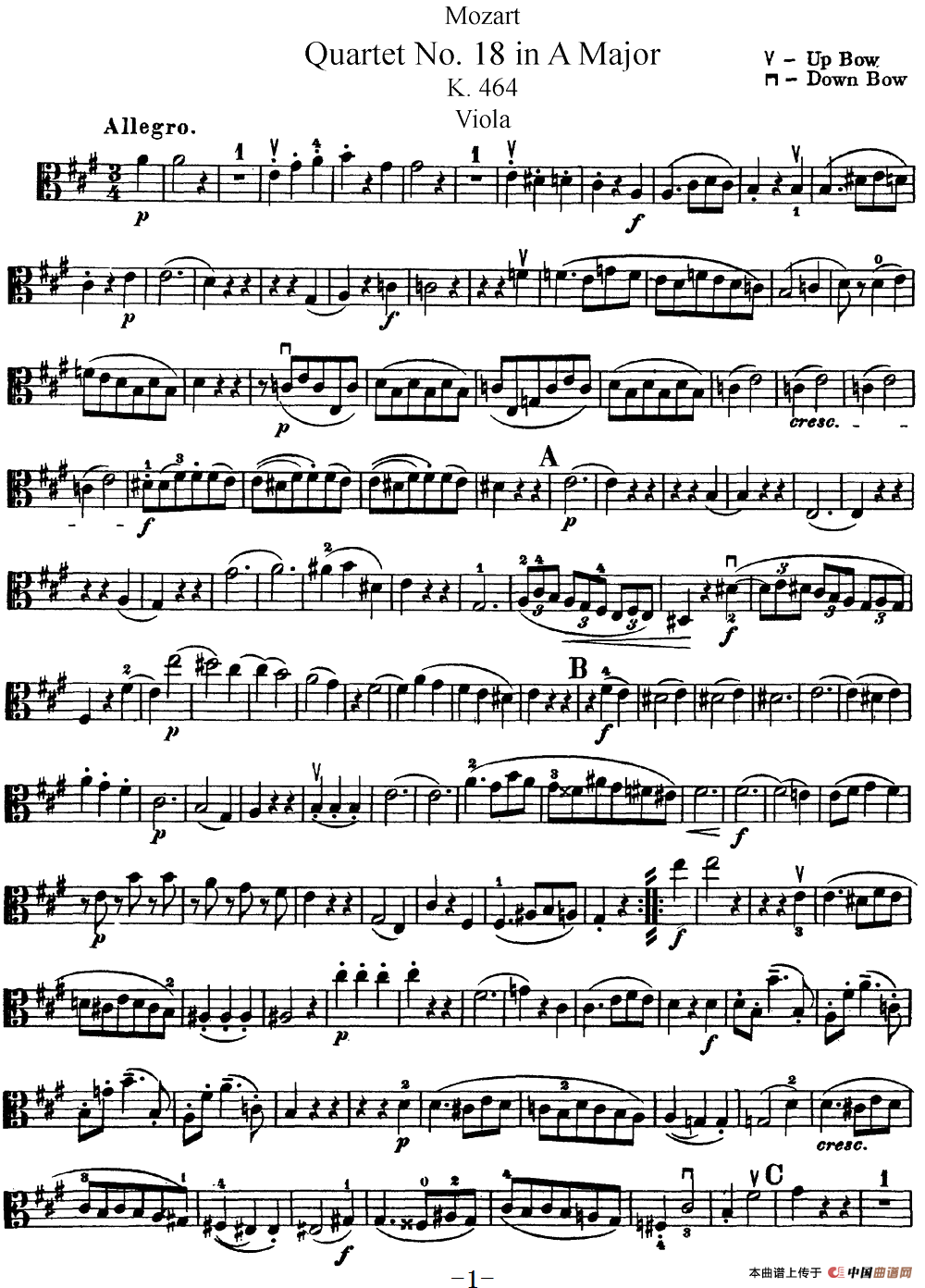 Mozart《Quartet No.18 in A Major,K.464》（Viola分谱）简谱