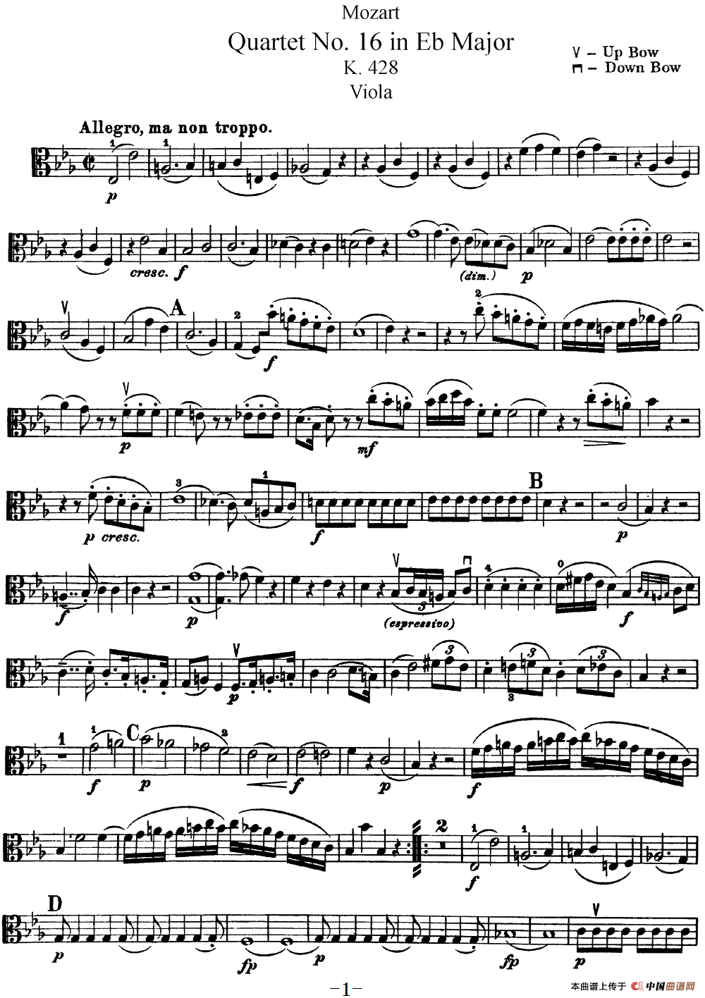 Mozart《Quartet No.16 in Eb Major,K.428》（Viola分谱）简谱