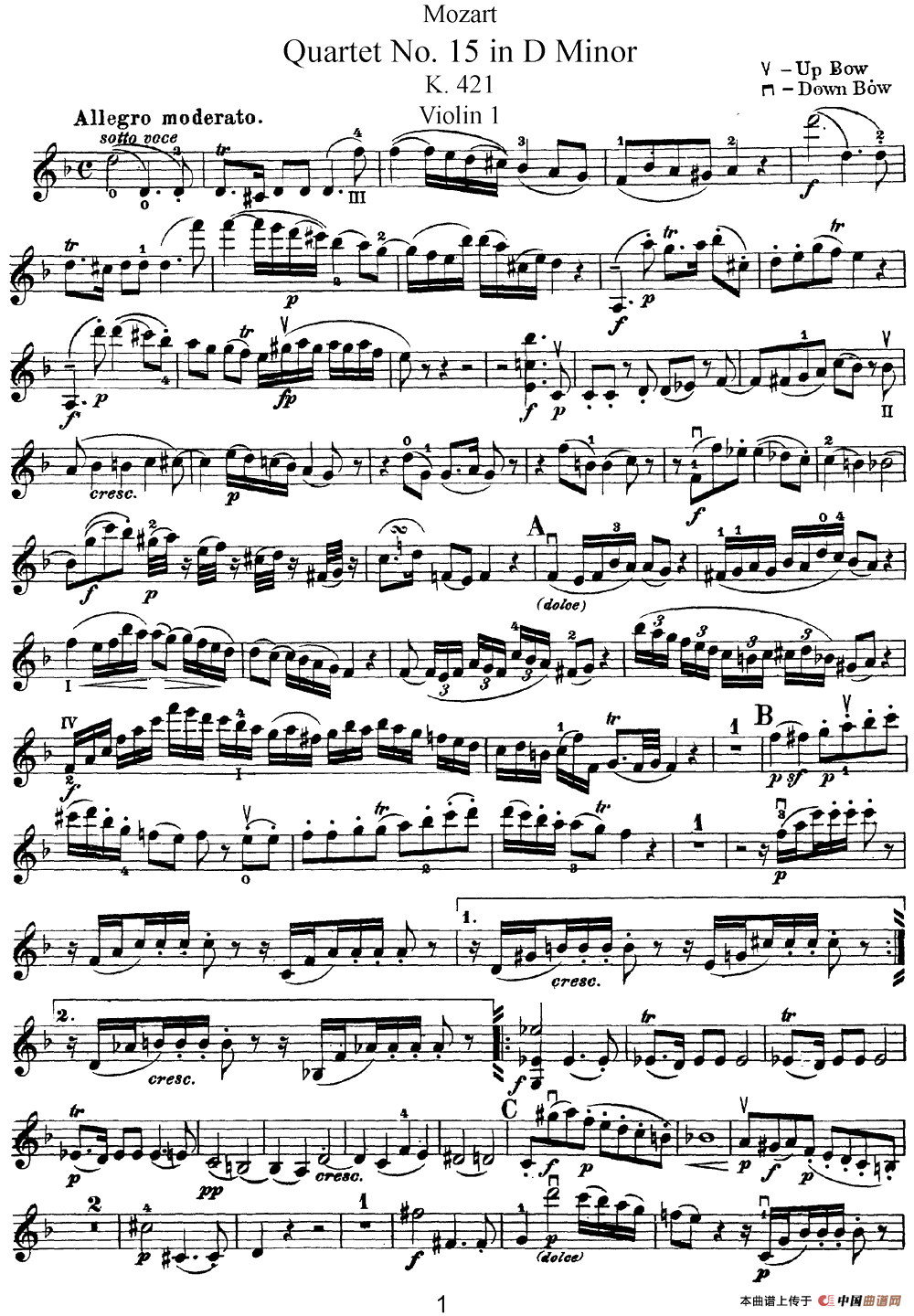 Mozart《Quartet No.15 in D Minor,K.421》（Violin 1分谱）简谱