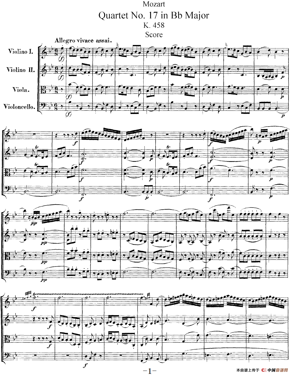 Mozart《Quartet No.17 in Bb Major,K.458》（总谱）简谱