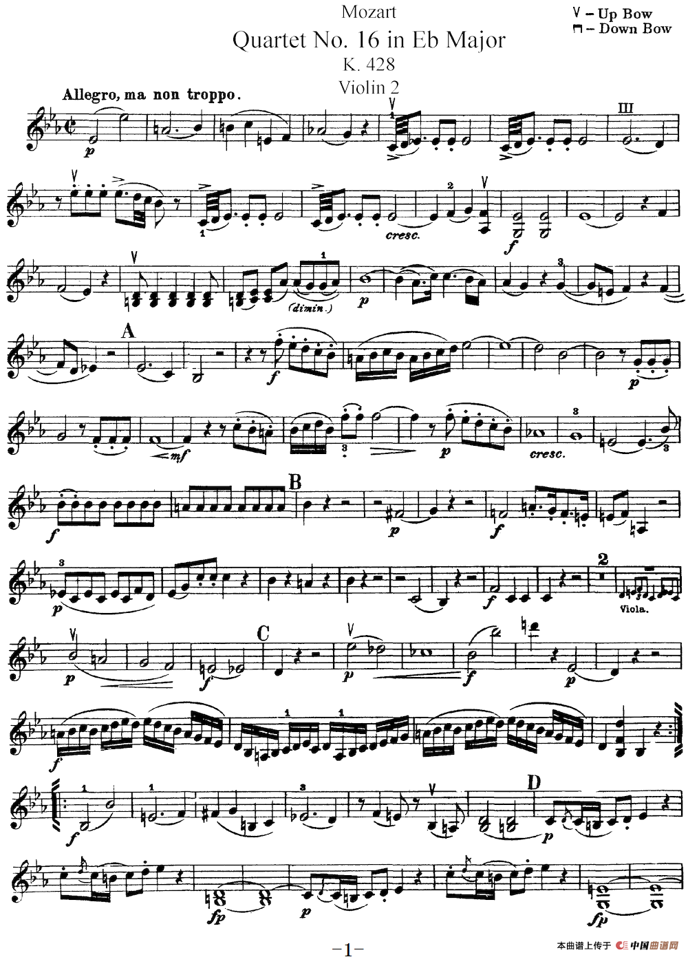 Mozart《Quartet No.16 in Eb Major,K.428》（Violin 2分谱）简谱