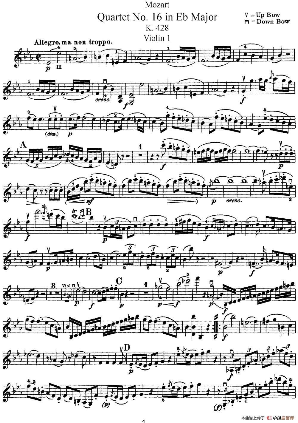 Mozart《Quartet No.16 in Eb Major,K.428》（Violin 1分谱）简谱